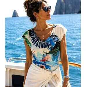 Roberto Cavalli Tropical Floral Stretch Top IT 44 US Medium